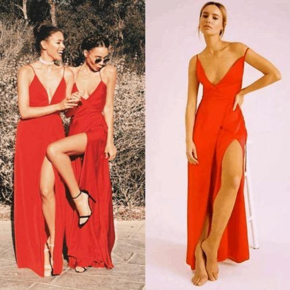 FAME & PARTNERS x FREE PEOPLE | Red Bond Maxi Wrap Dress w Thigh Slit | Size 4